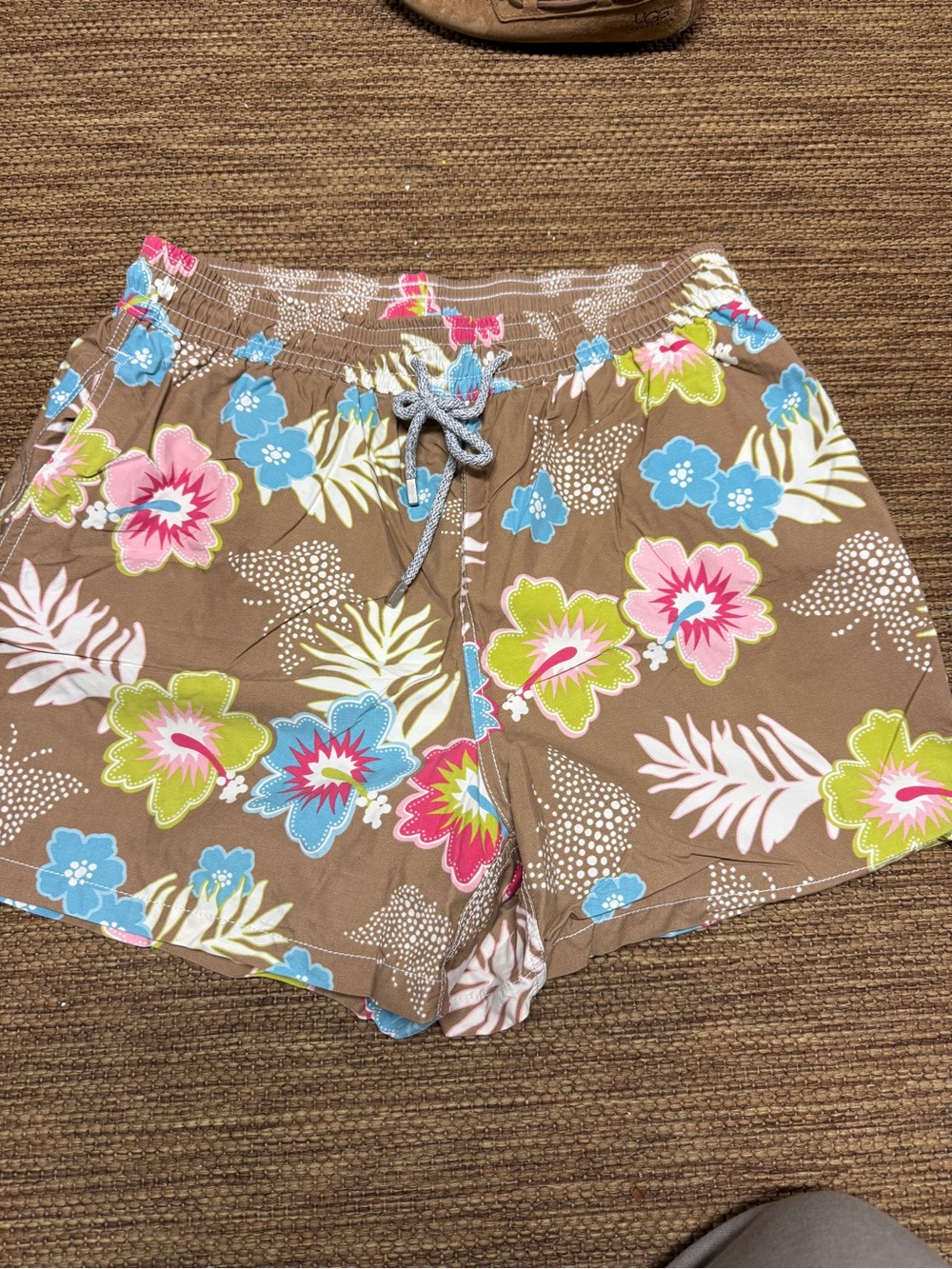 Vilebrequin Brown Floral Swim Trunks with Blue Pink Lime Accents